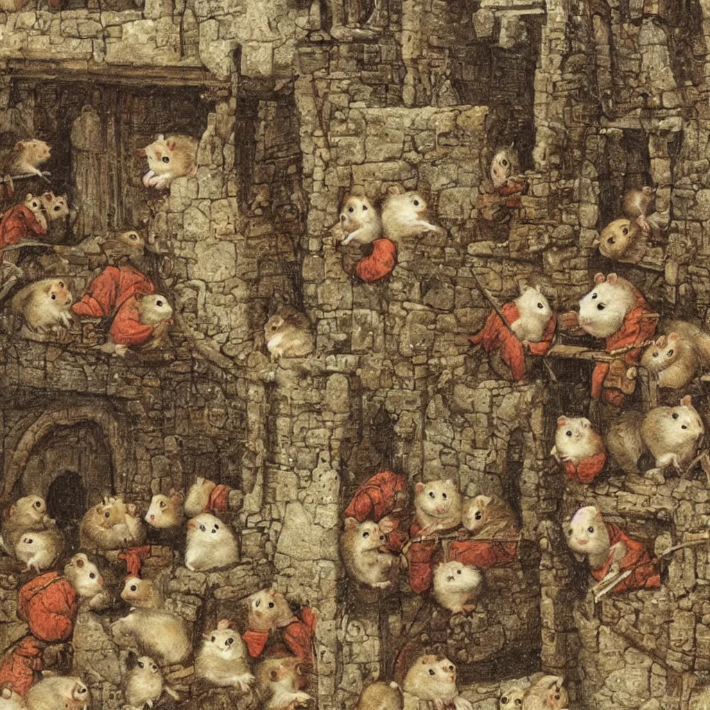 Image similar to a hamster in a medieval stockade, in the town square, crowd of angry hamsters surrounding, 1 2 th century europe theme