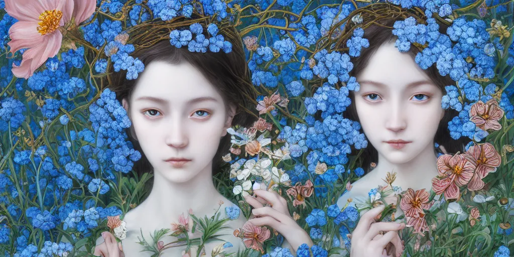 Image similar to breathtaking detailed concept art painting of the goddess of nemophila flowers, orthodox saint, with anxious, piercing eyes, ornate background, amalgamation of leaves and flowers, by Hsiao-Ron Cheng, James jean, Miho Hirano, Hayao Miyazaki, extremely moody lighting, 8K