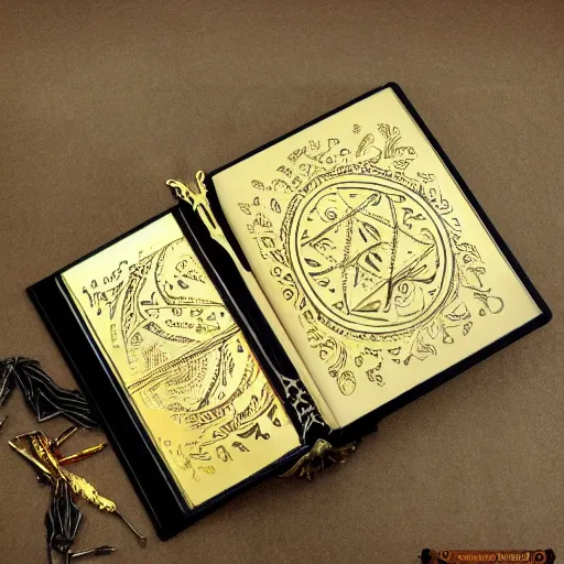 Prompt: occult spellbook, detailed, 4k, gold embossed on black pages