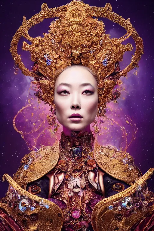 Prompt: a beautiful empress portrait, singular subject, with a brilliant, impossible striking big cosmic galaxy headpiece, clothes entirely made out of cosmos chaos energy, symmetrical, dramatic studio lighting, rococo, baroque, jewels, asian, hyperrealism, closeup, D&D, fantasy, intricate, elegant, highly detailed, digital painting, artstation, octane render, 8k, concept art, matte, sharp focus, illustration, art by Artgerm and Greg Rutkowski and Alphonse Mucha