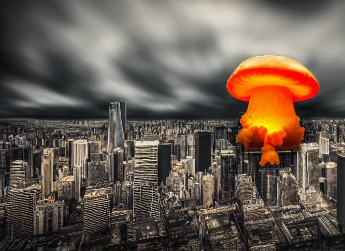 Image similar to nuclear mushroom cloud in the city . Horror dystopia style. Highly detailed 8k. Intricate. Nikon d850 300mm. Award winning photography.