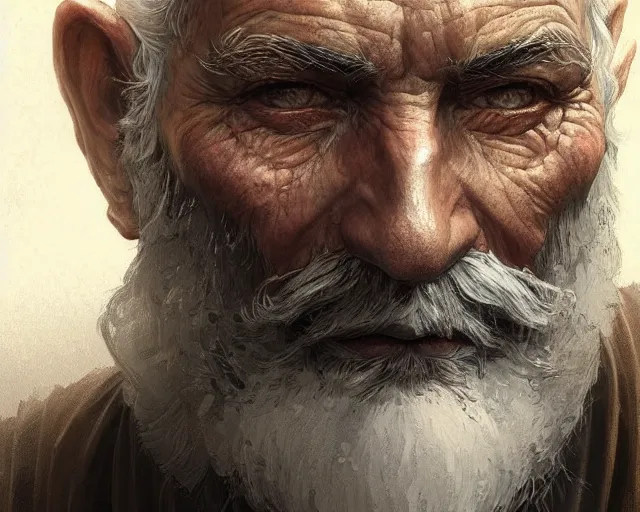 Prompt: close up highly detailed old man face, deep focus, d & d, fantasy, intricate, elegant, highly detailed, digital painting, artstation, concept art, matte, sharp focus, illustration, hearthstone, art by artgerm and greg rutkowski and alphonse mucha