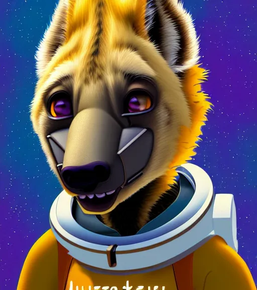 Image similar to digital detailed portrait of anthromorphic female hyena, in style of zootopia, fursona, furry, furaffinity, 4 k, deviantart, wearing astronaut outfit, in style of disney zootopia, floating in space, space background, in deep space, dark background, hyena fursona, cyberpunk, female, detailed face,