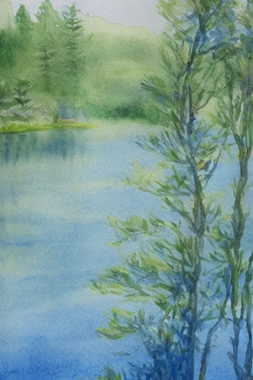 Prompt: a painting of a lake surrounded by trees, a watercolor painting by mollie forestier - walker, behance contest winner, impressionism, watercolor, soft mist, impressionism