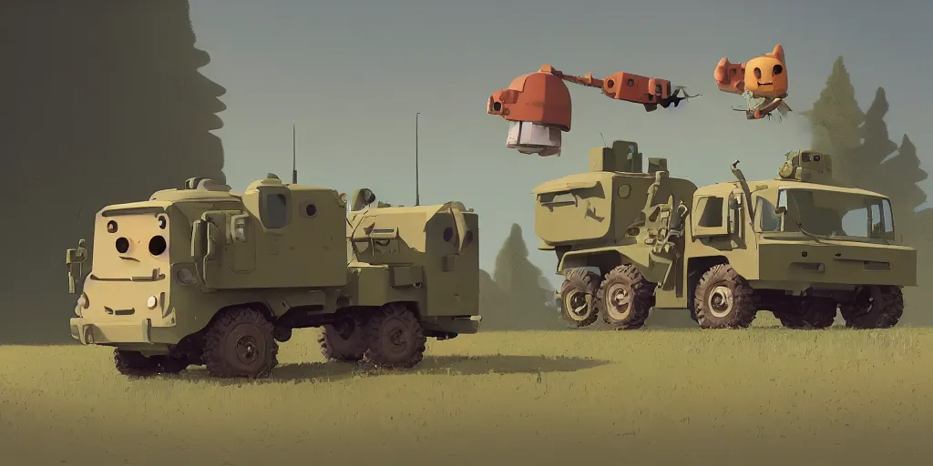 Prompt: cute little himars vehicle by goro fujita and simon stalenhag and wes anderson and alex andreev and chiho aoshima and beeple and banksy and kandinsky and magritte and basquiat and picasso, 8 k, trending on artstation, hyper detailed, cinematic