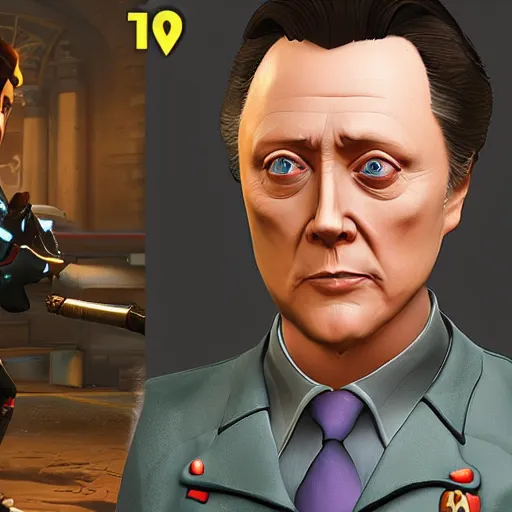 Prompt: Christopher Walken as a character in the game Overwatch, with a background based on the game Overwatch