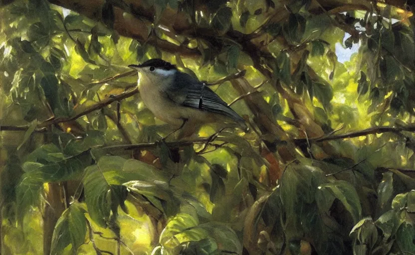 Prompt: oil painting lanscape by anders zorn, closeup nuthatch in jungle nature, fruit trees, very very very very beautiful art, dramatic light, strong shadows