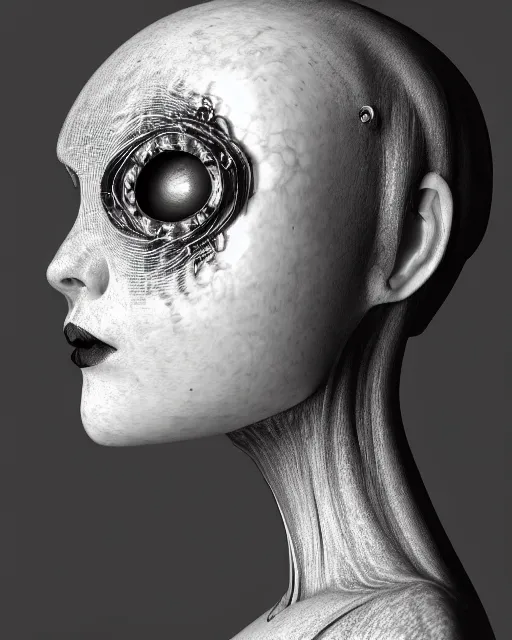 Image similar to black and white dreamy foggy smoky profile face portrait, one silver steampunk realistic eye biomechanical beautiful young female cyclope - cyborg - robot bust, body ribs meshes,, volumetric light, hibiscus flowers, by hg giger, rim light, big gothic fashion pearl embroidered collar, 8 k