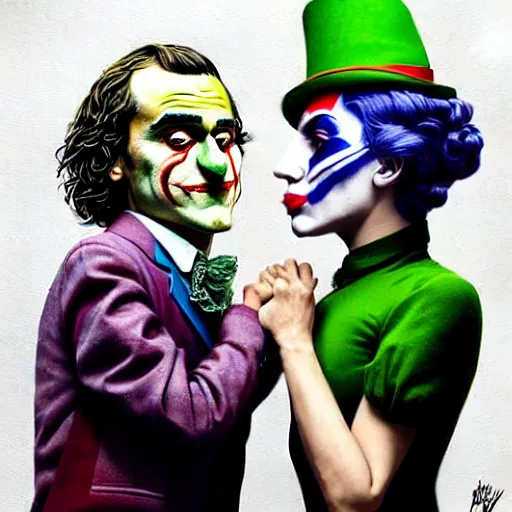 Image similar to ilya yefimovich repin and mimmo rottela and banksy as joaquin phoenix skinny joker, holding hand, lady gaga harley queen, ultra photorealistic, intricate details, pop art style, concept art, confident posse, perfect models anatomy, justify content center, 2 colours, warm color, 4 k, ultra smooth, sharp focus