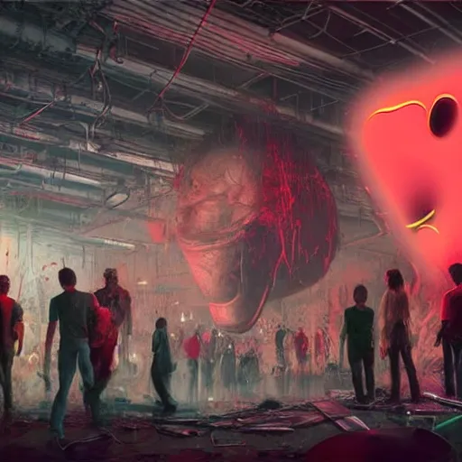 Prompt: a group of people around a giant giant mickey mouse wounded head with blood, netflix logo, cyberpunk art by david lachapelle, cgsociety, dystopian art by industrial light and magic, dark concept art, neons, interior