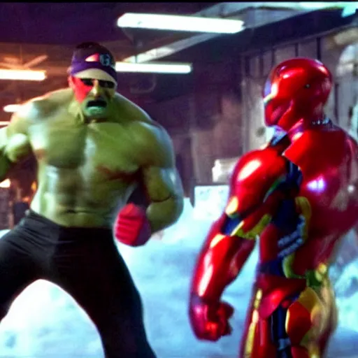 Prompt: hulk hogan punches tony stark, epic scene, cinematic