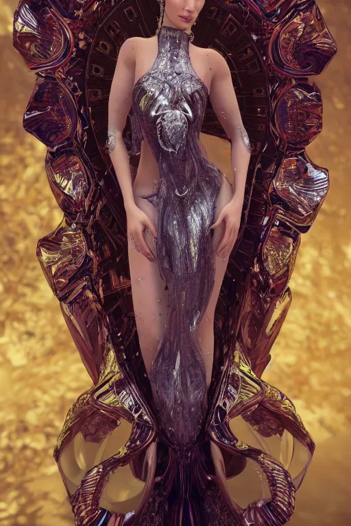 Prompt: a highly detailed 4 k render of a beautiful alien dmt goddess bella hadid in iris van herpen dress schiaparelli in diamonds in style of alphonse mucha trending on artstation made in unreal engine 4