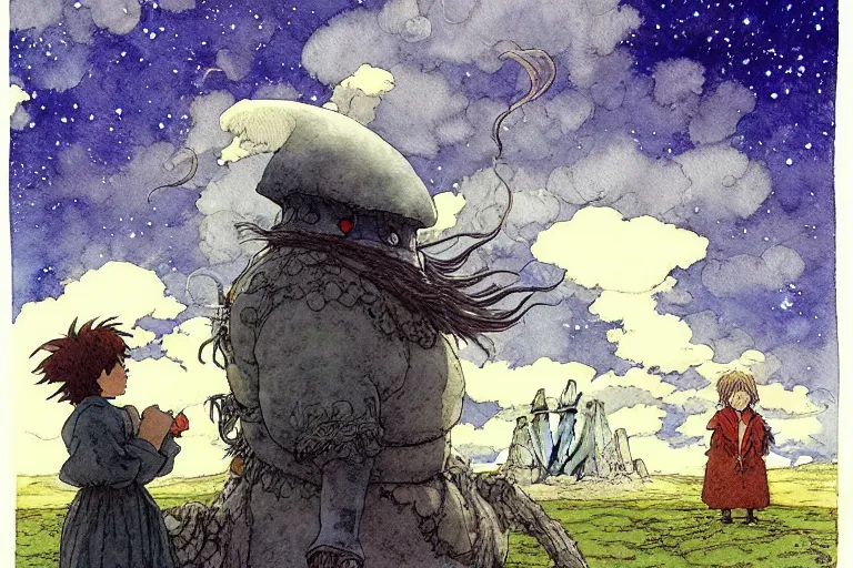 Image similar to hyperrealist studio ghibli watercolor fantasy concept art of a giant from howl's moving castle sitting on stonehenge like a chair. it is a misty starry night. by rebecca guay, michael kaluta, charles vess