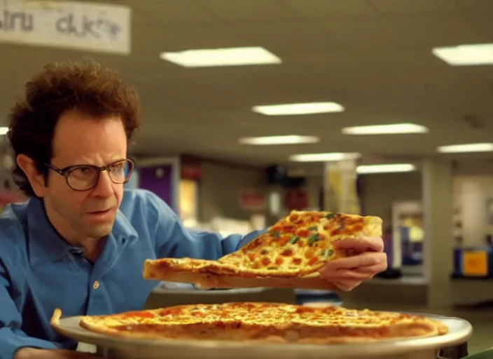 Image similar to charlie kaufman eating pizza at chuck - e - cheese, dramatic lighting, film still from breaking bad ( 2 0 1 0 ), 3 5 mm kodak, 2 4 mm lens, directed by rian johnson