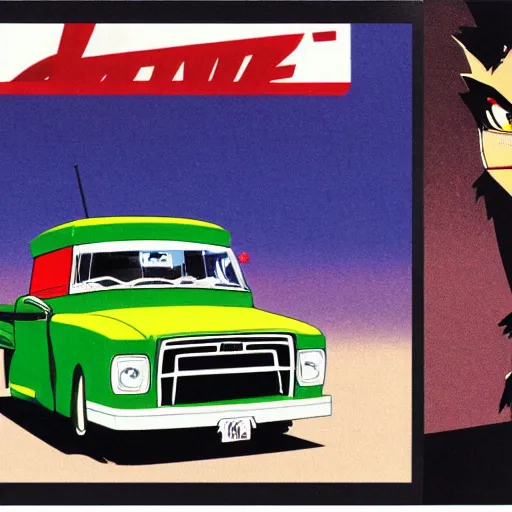 Image similar to a japanese print of « clint eastwood » gorillaz album cover, green pickup car, art by akira toriyama - ralph mc quarrie - jamie hewlett