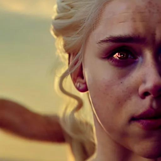 Prompt: a selfie of daenerys targaryen played by a young scarlett johansson, smooth skin, purple eye color, ethereal beauty, medium shot, detailed eyes, vivid, golden hour