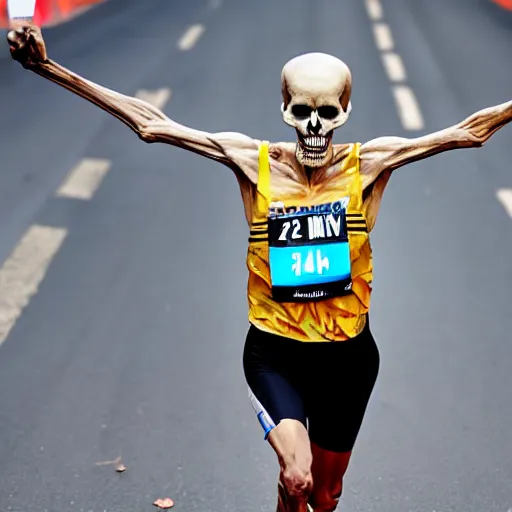 Prompt: An extremely realistic skeleton crossing the finish to win a marathon, award winning photograph, associated press photo, dynamic pose, 8k, award-winning