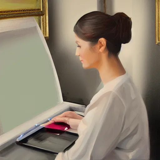 Image similar to painting detailed portrait woman using computer