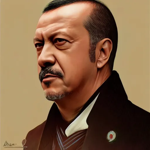 Image similar to portrait of Recep Tayyip Erdogan, elegant, intricate, headshot, highly detailed, digital painting, artstation, concept art, sharp focus, illustration, art by artgerm and greg rutkowski and alphonse mucha