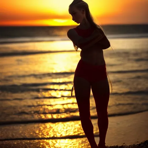 Prompt: photo of Cammy in real life, from Street Fighter, training at the beach, sunset, fine art photography