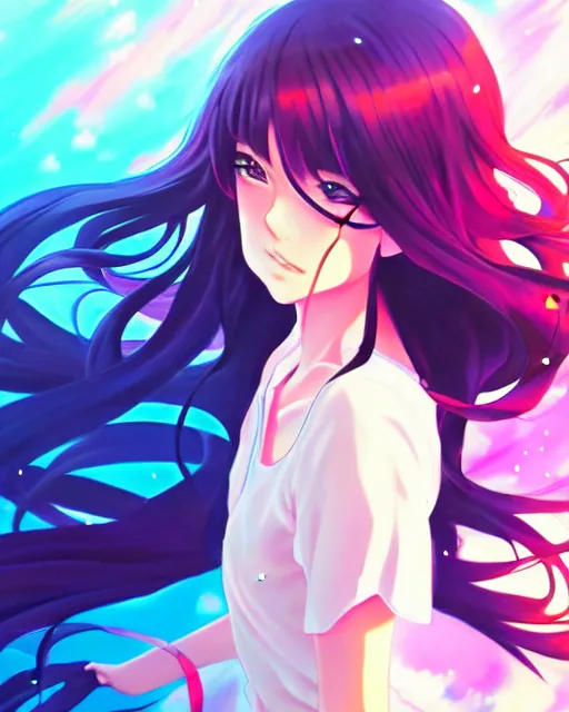 Prompt: anime style, vivid, expressive, full body, 4 k, painting, a cute magical girl with a long wavy black hair, stunning, realistic light and shadow effects, centered, simple background, studio ghibly makoto shinkai yuji yamaguchi