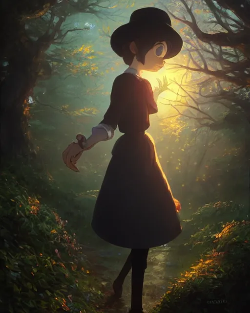 Prompt: over the garden wall, medium shot, visible face, detailed, perfectly shaded, perfectly shaded face, atmospheric lighting, by makoto shinkai, stanley artgerm lau, wlop, rossdraws