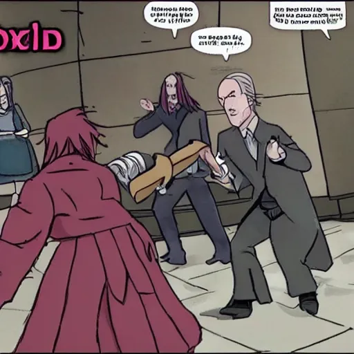 Image similar to sepiroth getting booked for tax evasion while saul goodman krumps in the background
