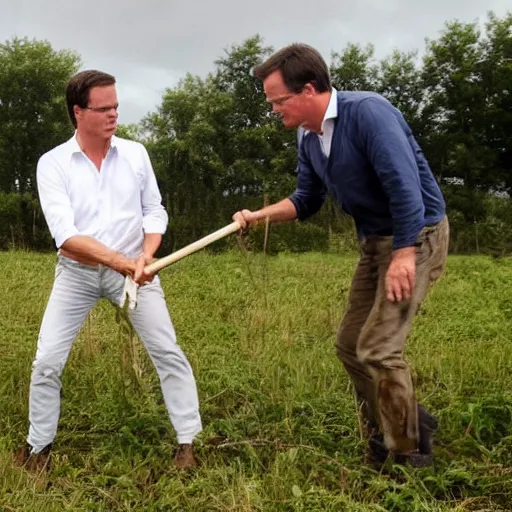 Prompt: mark rutte wielding an axe hitting cows, on farmland