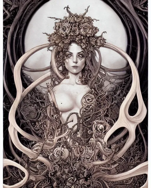 Prompt: centered beautiful detailed front view portrait of a woman with ornate tentacles and flowers growing around, ornamentation, flowers, elegant, dark and gothic, full frame, by wayne barlowe, peter mohrbacher, kelly mckernan, h r giger