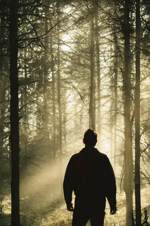 Image similar to kodak portra 4 0 0 photograph of a guy with deer antlers standing in a dark fantasy forest, back view, lens flare, moody lighting, moody vibe, telephoto, 9 0 s vibe, blurry background, grain, tranquil, calm, faded!,