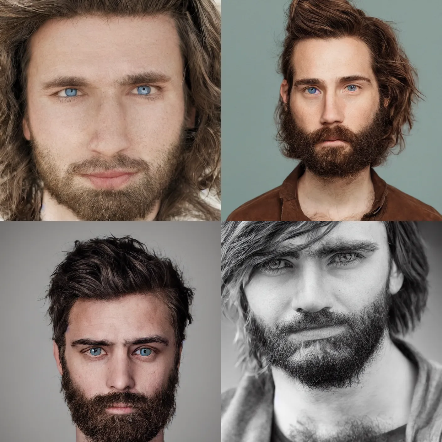 Prompt: a realistic portrait of a 30 year old male with blue eyes, brown medium length hair, bushy eyebrows and short beard. 85mm portrait. photoreal. hq. detailed.