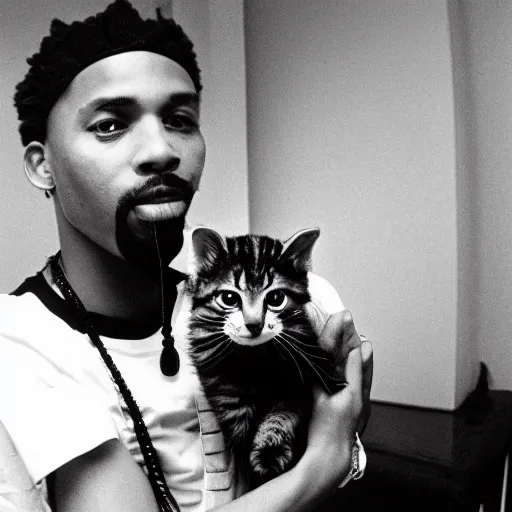 Image similar to 15mm wide-angle lens photo of a rapper in 1990 New York holding a kitten up to the camera