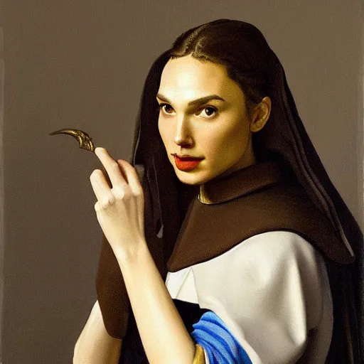 Image similar to a painting of gal gadot in knights armor by vermeer