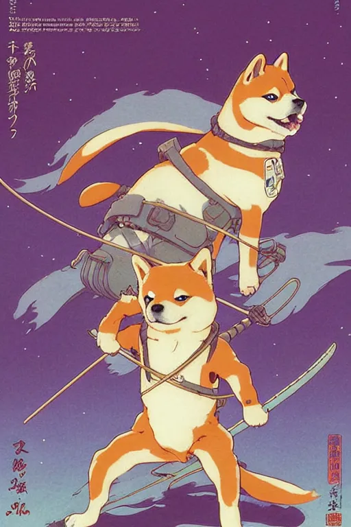 Image similar to poster of a shiba inu as a ninja, studio ghibli aesthetic, by yoichi hatakenaka, masamune shirow, josan gonzales and dan mumford, ayami kojima, takato yamamoto, barclay shaw, karol bak, yukito kishiro