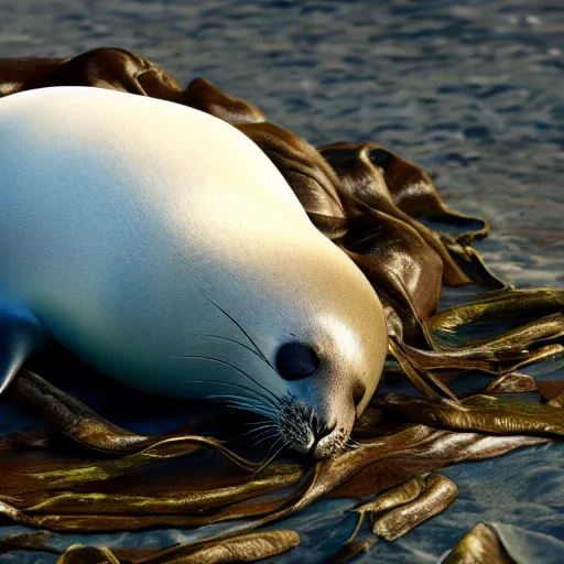 Image similar to A seal sleeping peacefully in a kelp forest, cinematic, hyper realistic, detailed, 8k, octane render.