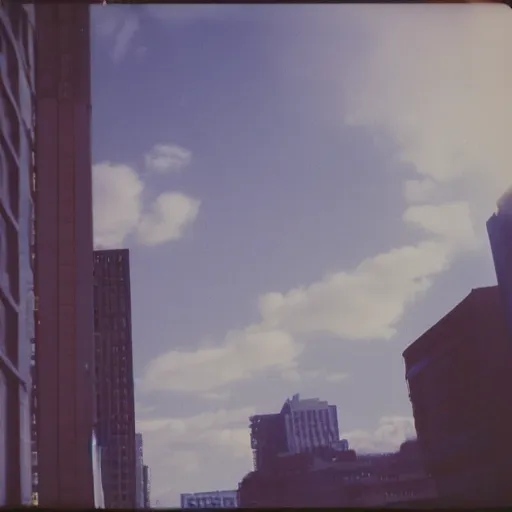 Image similar to instant photograph of a city in 1979, polaroid, raw, light leak, clouds