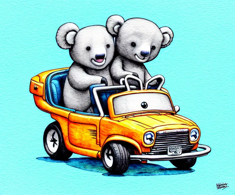 Image similar to cute and funny, koalabear wearing a helmet riding in a tiny hot rod with an oversized engine, ratfink style by ed roth, centered award winning watercolor pen illustration, isometric illustration by chihiro iwasaki, edited by range murata, tiny details by artgerm and watercolor girl, symmetrically isometrically centered, sharply focused