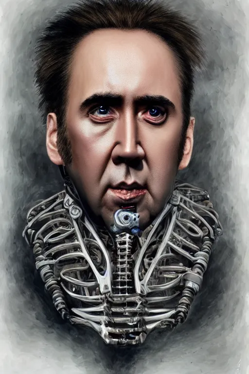 Image similar to Nicolas Cage as biomechanical cyborg intricate, smooth, artstation, painted by Hans Giger