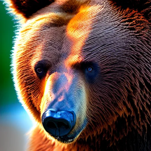 Prompt: Portrait of a bear , grim fantasy , EOS R5, f/2.8, HDR, fur, natural light, medium close shot, dynamic pose, award winning photograph, Michelangelo style