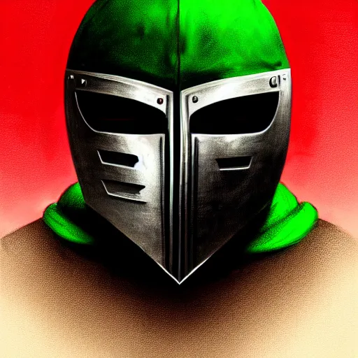 Prompt: portrait of mf doom, steel mask, green hood, intricate, elegant, highly detailed, digital painting, artstation, concept art, smooth, sharp focus, illustration, by anato finnstark, boissb - blanca. j, cindy avelino, clint cearley, anna podedworna