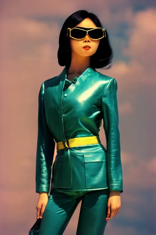 Prompt: ektachrome, 3 5 mm, highly detailed : incredibly realistic, youthful asian demure, perfect features, wrap around sunglasses, feminine cut, beautiful three point perspective extreme closeup 3 / 4 portrait photo in style of chiaroscuro style 1 9 7 0 s frontiers in flight suit cosplay vogue fashion edition, nick night, show studio