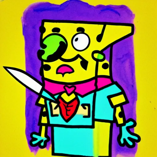 Image similar to rough sketch in crayola, spongebob squarepants cartoon character holding a kitchen knife, childish crayon art