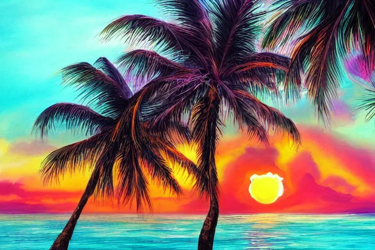 Image similar to beautiful painting of a fantasy tropical island beach, with sun, at sunset trending on artstation, purple orange red color scheme