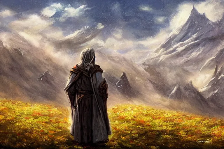 Image similar to concept art, mood painting, environment painting, gondor man holding white flower looking at flower large field autumn october snow capped mountains in background lord of the rings lotr. style of, ryan church, jon mccoy, george hull, painting