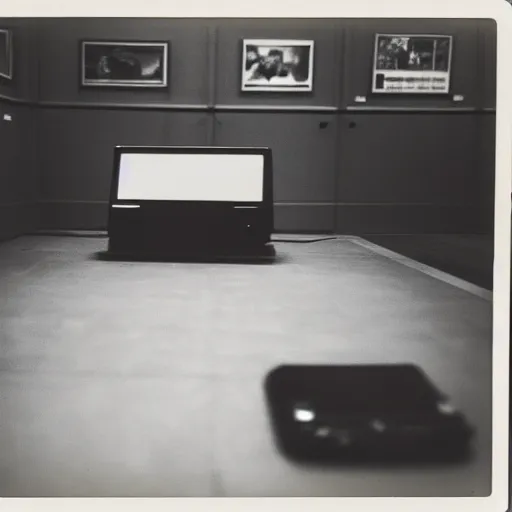 Prompt: computer on floor in the middle of a large museum, black and white polaroid