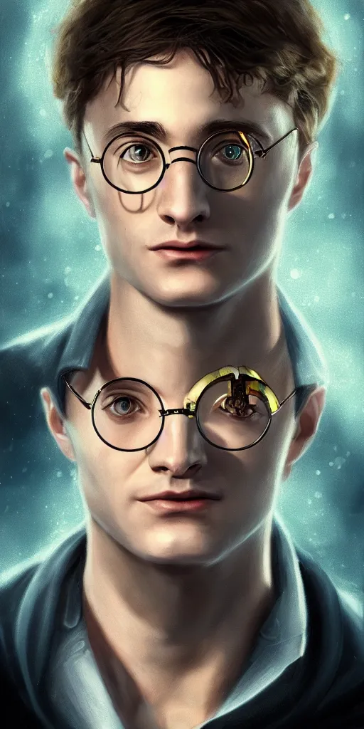 Prompt: Portrait of a harry potter with cyberpunk implant, elegant, photorealistic, highly detailed, artstation, smooth, sharp focus, gold ornaments, neon lighting, sci-fi, art by Klimt