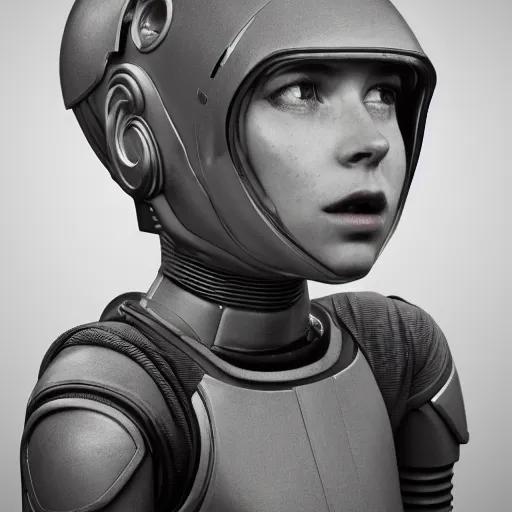 Prompt: hyperrealist candid photo of a young female android wearing a grey spacesuit by sally mann and hohn howe, fantasy, photo realistic, dynamic lighting, artstation, poster, volumetric lighting, very detailed faces, award winning, full face, symmetry