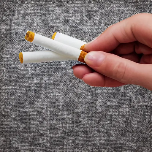 Prompt: Close-up of highly realistic female hand holding cigarette with smoke, white background, 4K