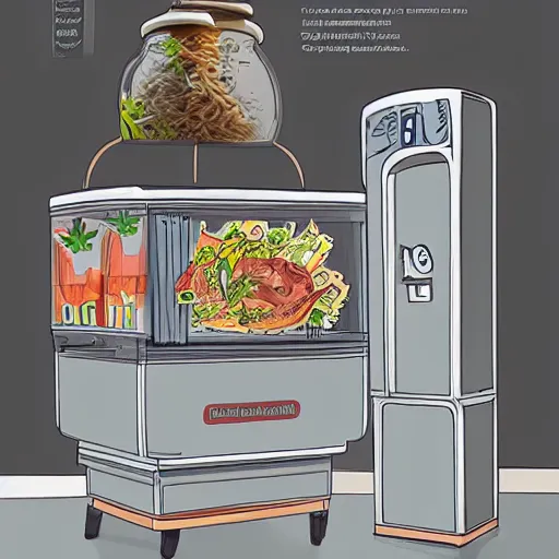 Image similar to a food dispenser surround by beautiful drawings, concept style