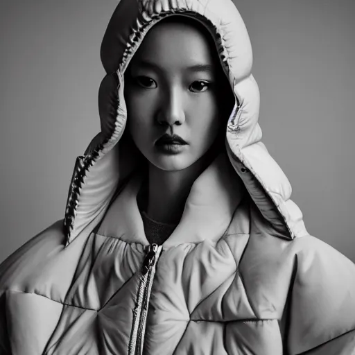 Image similar to well lit fashion shoot portrait of extremely beautiful female marble statue wearing huge over size puffer jacket by dingyun zhang, yeezy, balenciaga, vetements, a cold wall, sharp focus, clear, detailed,, cinematic, detailed, off white, glamourous, symmetrical, vogue, editorial, fashion, magazine shoot, glossy